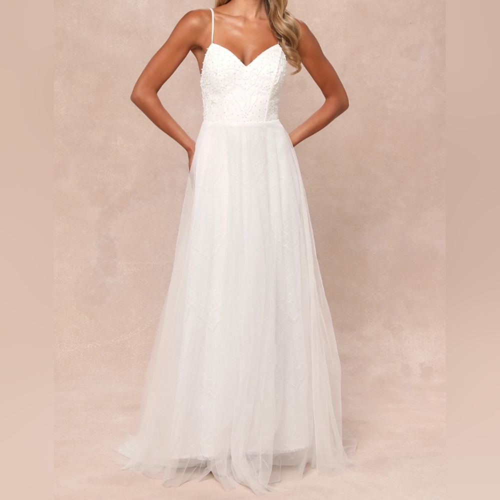 LULU'S WHITE LACE TULLE PEARL BEADED MAXI DRESS WEDDING